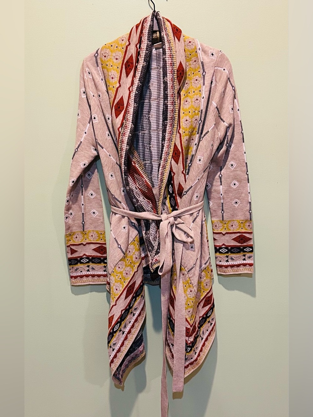 Freeway Shawl Collar Knit Jacket with Multi-Color Aztec Trim